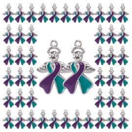 WANDIC 50Pcs Teal&Purple Ribbon Pendants with Diamond, Suicide Prevention Awareness Charms with Angel Wings for DIY Bracelet Necklace Jewelry Making