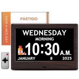 7'' Digital Clocks, 12 Reminders & 6 Alarms, Dementia Clock with Date and Time for Elderly, Auto-Dimming, Button & Remote Control, Auto DST, Digital Calendar for Seniors Large Display, Brown Woodgrain
