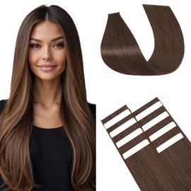 TESS Tape Hair Extensions Real Human Hair Real Hair Invisible Thin Type 10 Pcs 15G Lightweight For Highlight Straight - #02 Dark Brown - 16 Inch