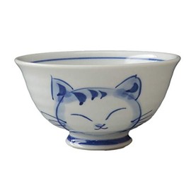 HAMATO Hasami Pottery Large Rice Bowl, Round Cat, Blue 404238