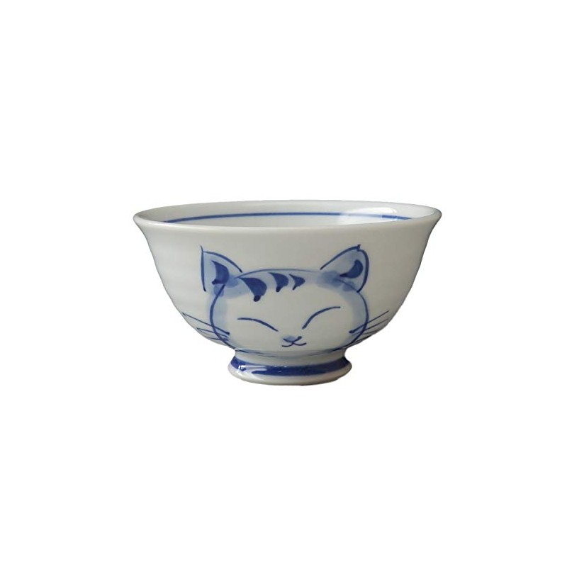 HAMATO Hasami Pottery Large Rice Bowl, Round Cat, Blue 404238
