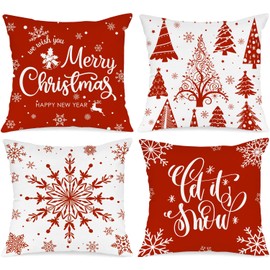 Lanpn Christmas Cushion Covers 60x60 Set of 4, Merry Christmas Winter Xmas Snowflake Decorative Holiday Throw Pillow Cases 24x24 for Outdoor Indoor Farmhouse Home Room Couch Decor (Red)