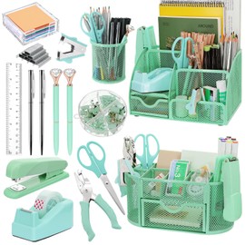17 in 1 Green Desk Organizers and Accessories Set, 3 Office Desk Supplies Storage Organization, 4 Pens, Stapler, Staples & Remover, Tape & Dispenser, Scissors, Ruler, Clips, Hole Punch, Back to School