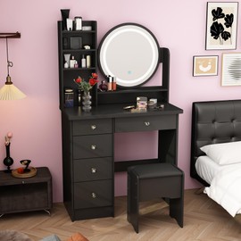 Timechee Make up Vanity Desk with Mirror and Lights,Vanity Mirror with Lights,Vanity Set with Chair,Storage Drawers,Shelves & Cushion Stool,Makeup Table with Round Lighted Mirror for Bedroom,Black