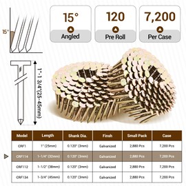 meite Coil Roofing Nails, 1-1/4-Inch × .120-Inch 15 Degree Round Head Smooth Shank Electro Galvanized Roofing Nails for Coil Roofing Nailer Gun (2,880 Counts)