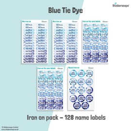 128 Stickerscape Iron On School Name Labels for Children - Iron on Name Labels - Ideal for School, Pre-School and Nursery - Labels for School Uniform, PE Kits, Clothing (Blue tie dye)