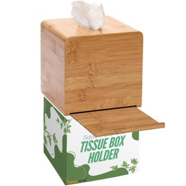 Performore Square Bamboo Tissue Box Cover - Stylish Water-Resistant Wooden Facial Tissue Holder for Bathroom, Office Desk & Nightstand - Compact 16"x14"x14" Design