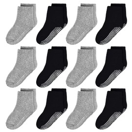 Elutong children, baby boys/girls non-slip socks with ABS (acrylonitrile butadiene styrene), 12 pairs, 1-10 years - 003 6 Black + 6 Light Grey