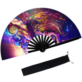 dmjuncong Large Folding Hand Rave Fan,Clack Handheld Fan with bag,for Music Festivals,Carnival,Rainbow Outfits,Disco,Neon, Glow Party Decorations Supplies.Waves