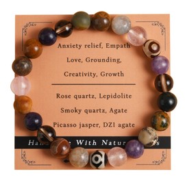 Gracayfr Anxiety Relief Bracelet Empath Protection Rose Quartz Smoky Lepidolite Picasso Jasper Natural Gemstone Healing Crystal Gifts Grounding Jewelry For Women DZI Agate
