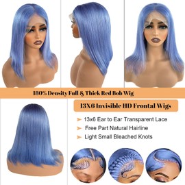 Bob Lace Front Human Hair Wigs for Women Full 13X6 HD Frontal Bob Wigs Human Hair Pre Plucked Bleached Knots 180% Density Light Blue Bleached Knots Lace Front Bob Wigs Middle Part 10in