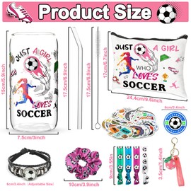 Justforjoyful 61Pcs Soccer Gifts for Girl Women Soccer Lovers Gifts 16OZ Glass Tumbler Sports Accessories Party Favors for Daughter Granddaughter Niece Party Supplies Keychain Sticker