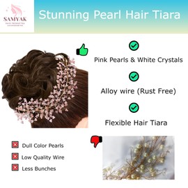 Samyak Pearl Hair Accessories Crystal Beaded Handmade Hair Pins For Brides Bridesmaid Hair Piece Tiara Vine For Hair Decoration (Pink)