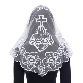 Bozidol White Mantilla Triangular Embroidered Sacred Heart Camellia Veil for Women Catholic Mass, Religious Lace Head Coverings for Chapel Prayer Communication Baptism Gifts Spanish Latin Veils