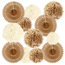 Gibocot 12 Pcs Brown Paper Fans Rustic Wedding Decorations Cream Pom Poms Tissue Paper Flower Honeycomb Balls for Bohemian Wedding Bridal Shower Birthday Party Supplies