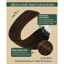 Ugeat Micro Extensions Real Human Hair Dark Brown Mix Medium Brown Microlink Hair Extensions Human Hair Balayage Brown Hair Extensions for Women 20inch Ombre Hair 50G 50S