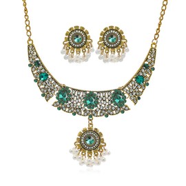 FDEETY Jewellery Set for Women Tassels Vintage Rhinestone Jewellery Set with Earrings Necklace Hypoallergenic Ethnic Gemstone Jewellery Gift, Metal