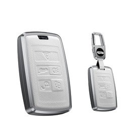 HIBEYO Smart Car Key Case Fits Land Rover Discovery 5 Range Rover Sport Evoque Velar LR2 LR4 for Jaguar XE XJ F-Type Key Case Cover Key Shell Key Fob Leather White