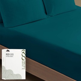 Mayfair Linen 100% Pure Egyptian Cotton Fitted Sheet Twin Size - 600 Thread Count 16 inch Deep Pocket Twin Fitted Sheet Only, Soft Cool Sateen Elastic Bottom Sheet, Fits College Dorm Mattress - Teal