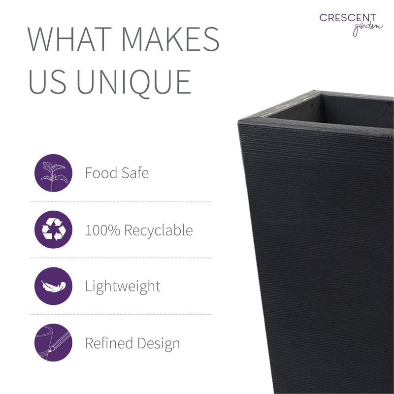 Crescent Garden Bowery Planter, Tall Double-Walled Plant Pot, 13-Inch (Caviar