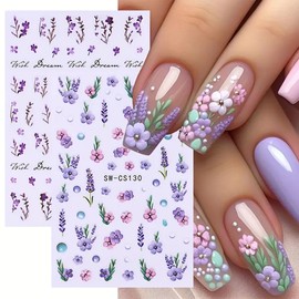 Summer Flower Nail Art Stickers 3D Flower Butterfly Nail Decals 6PCS Daisy Pink Purple Petal Lavender Flowers Nails Design Adhesive Sliders Cherry Blossom Manicure Decals for DIY Nail Art Decorations
