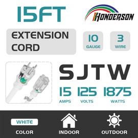HONDERSON Indoor Outdoor Extension Cord Weatherproof with Lighted End, UL Listed, 10 Gauge 15FT White 3 Prong Heavy Duty, 10/3 SJTW 15A Power Cord for Outdoor Lights, Lawn