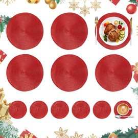 Homcomodar Christmas Red Table Place Mats and Coasters Set of 6 Round Placemats with Coasters Heat Resistant Placemats Washable Braided Dining Table Mats for Christmas Holiday Kitchen Dinner Decor