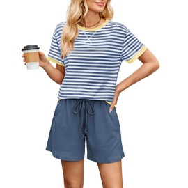 FIOPHY Women's Cozy 2 Piece Outfits Lounge Sets Striped Color Block Short Sleeve Tops Shorts Sweats Track Suits Sweatsuit Set Blue&White S