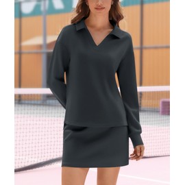 Casly Lamiit Two Piece Sets for Women 2024 Casual Tracksuit Sweatshirt Skorts Matching Set Lounge Tennis Jogger Sweat Suit, Dark Grey, Small