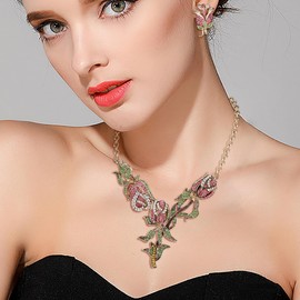 BriLove Costume Jewelry Set for Women Wedding Guest Dresses, Crystal Rose Flower Leaf Cluster Statement Necklace Dangle Drop Earrings for Party Prom Accessories Pink Antique-Gold-Tone