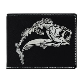 ThisWear Bass Fishing Wallet for Men Large Mouth Bass Bass Fishing Outdoorsy Laser Engraved Leatherette Bifold Wallet Black