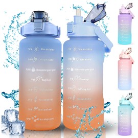 Botella de Agua Motivacional de 2 Litro, Botella de Agua con Popote 2000 ML, Asa de Transporte, Boca Ancha, Sin BPA, Prueba de Fugas, Perfecta para Gimnasio, Trabajo, Escuela y Oficina (Azul-Naranja)