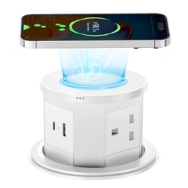 Pop up Socket, Pop up Power Sockets with 15W Wireless Fast Charger, Safe Touchscreen Automatic Pop up Extension Socket with USB & Type C Port for Home Office Kitchen Worktops Desktop, White
