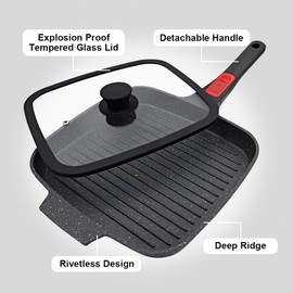 RANX INGST Griddle Pan with Lid, 10 Inch Cast Aluminium Non Stick Grill Pan with Detachable Handle for Induction Hob, Black