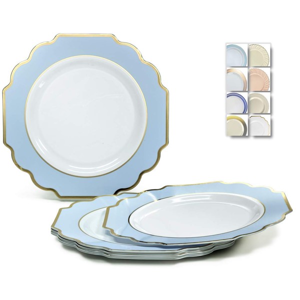 " OCCASIONS " 120 Plates Pack, Heavyweight Disposable Wedding Party Plastic Plates (8'' Appetizer/Dessert Plate, Imperial in White/Blue & Gold)