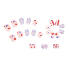 LOPMNGHT Press on Nails Short Oval Acrylic ABS Fake Nails, 24 Pcs, Glossy, Full Cover, Reusable, Striped Flower Stars Design, DIY Nail Art