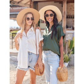 Zeagoo Silk Blouse for Women Short Sleeve Satin Button Down Shirts Casual Loose V-Neck Business Work Tunic Top Army Green