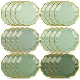 Houuqe - 48 platos de fiesta festoneados de color verde salvia, platos de papel de postre verde degradado de 7 pulgadas con papel de aluminio dorado, plato decorativo para servir para baby shower