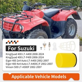 For Suzuki KingQuad Eiger Vinson 400 500 LT-A400 LT-F400 LT-A500F Air Filter + Cage Holder W/Stopper & Spark Plug 13791-03G00 2002-2024
