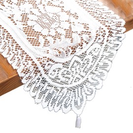 White Lace Table Runner With Tassels 33x91CM Vintage Elegant Floral Small Coffee Dressing Table Flag Embroidered Lace Top Decoration For Wedding Festival Table Center Decoration Home Desk Decoration