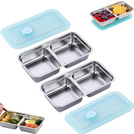 2 Pack Metal Bento Box Snack Containers: Reusable Stainless Steel Lunch Box for Kids Adults, Double Compartment Snack Container with Lid, Snackle Box for Food Takeout, Travel & Outdoor Camping