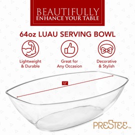 Prestee 12 Pack Clear Oval Plastic Disposable Serving Bowls (64 oz) - Disposable Party Dishes, Taco Bar Serving Set for a Party, Chip Bowls for Parties, Snack & Salad Containers, Candy Bowl