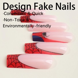 BABALAL Square Press on Nails Long Fake Nails Red French Glue on Nails Spider Design Acrylic Nails 24Pcs Squoval Manicure Artificial False Nails for Women and Girls