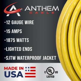 6 ft - 12 Gauge Extension Cord Outdoor - Made in USA - Lighted on Both Ends - Yellow Outdoor Extension_Cord Waterproof by Anthem Cable - Heavy Duty ExtensionCord 6 ft 15 Amp Extension