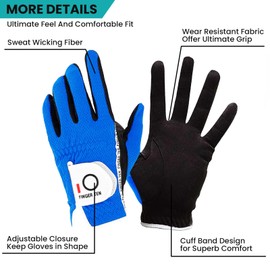 FINGER TEN Men's Golf Gloves Rain Grip Both Hands Pair Left Right Hand, Hot Wet Weather No Sweat Black Gray White Blue Fit Size Small Medium Large XL 2XL 3XL (Blue, Small)