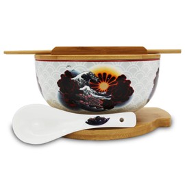 XWORLD Japanese Ceramic Ramen Noodle Bowls Set with Ceramic Spoon, Bamboo Chopsticks, Lid & Trivet, Serving Capacity of 33.8 OZ, Microwavable Oven Safety (3.3” x 6.6” D) (Landscape)