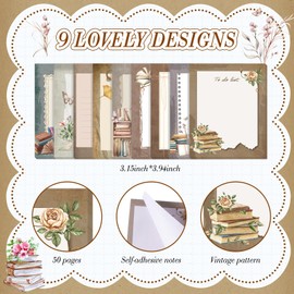 Sabary 9 Pads Sticky Notes 3.15 x 3.94 Inches Cute Self Sticky Note Pads Colored Adhesive Notepad for Memo Reminder Journal Studying Office Home Gift (Book Lover)