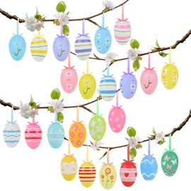 AhfuLife Easter Hanging Eggs, 12/24 Pcs Easter Egg Decorations for Tree, Easter Hanging Ornaments Colorful Plastic Painted Easter Eggs for Home Party Decorations (Easter Egg-24pcs)