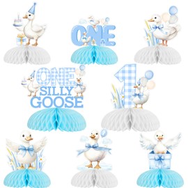 Wonmelody Goose First Birthday Decorations for Boy 8Pcs One Silly Goose Honeycomb Centerpieces Silly Goose Birthday Table Decor Geese Farm Animal First Birthday Supplies for Funny Goose Duck Party