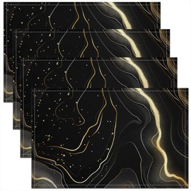 Set of 4 Marble Texture Waterproof Place Mats, Glitter Sequin Table Mats, Watercolour Ombre Placemats Indoor Outdoor Home Party Decor, Geometric Lines Placemats 45 W x 30 L, Black Gold Place Mats